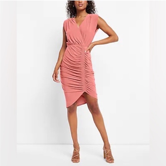 Express Dresses & Skirts - Express Faux Wrap V-neck Sheath in Coral Blush